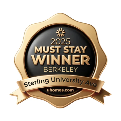 A gold seal badge with the text '2025 MUST STAY WINNER' and 'BERKELEY' on it, along with 'Sterling University Ave' on a ribbon at the bottom and 'uhomes.com' indicated.
