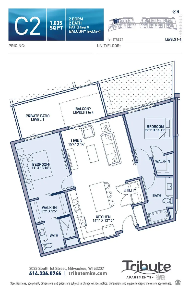 Blueprint of a two-bedroom apartment layout featuring a living room, kitchen, two bedrooms, two bathrooms, a balcony, and a private patio.
