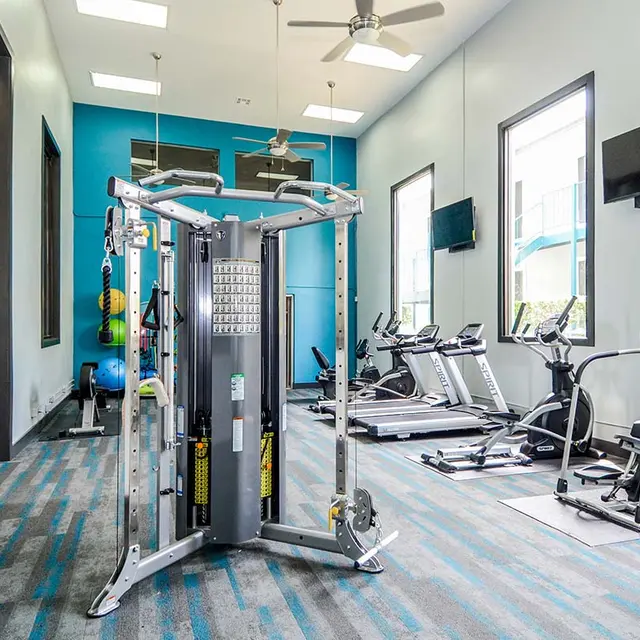 South Shore Fitness Center with weight and cardio machines, ceiling fans, high ceilings, large windows, and mounted televisions.