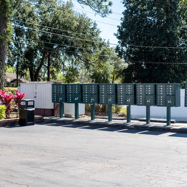 Prospect Heights A secure outdoor resident mailbox station near well-maintained landscaping and resident parking.