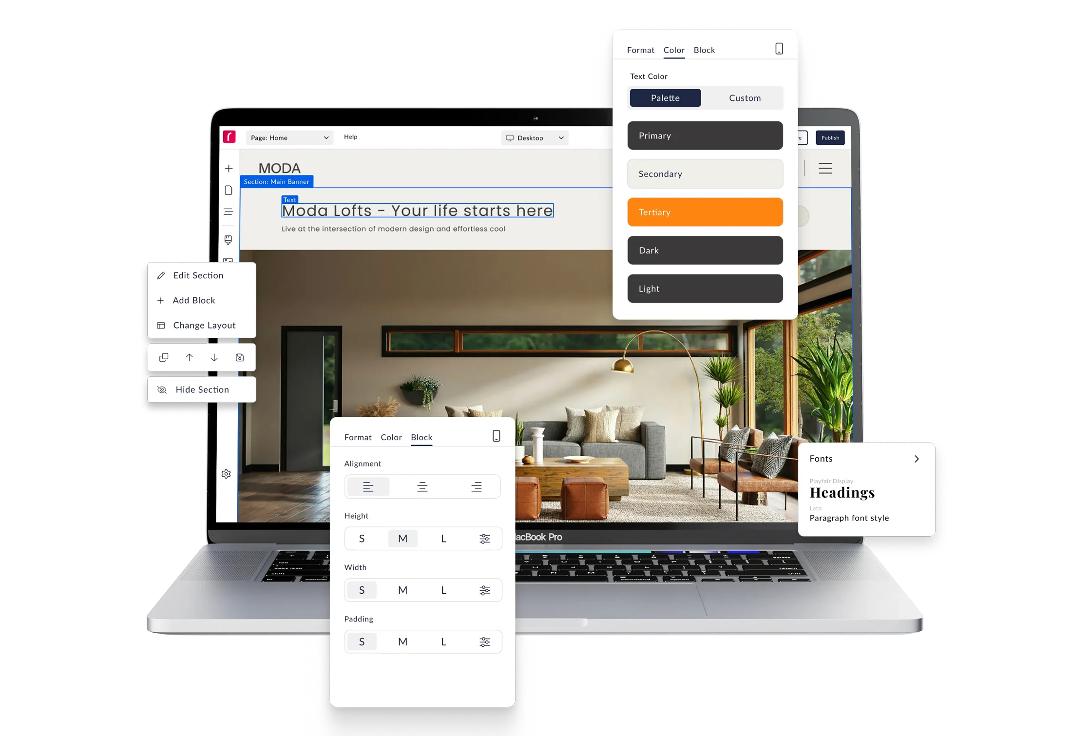 Website Design Interface A laptop displaying a website design interface with various editing options and a modern interior layout in the background.