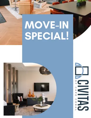 Promotional image featuring living spaces with stylish furniture and decor, accompanied by a text announcement for a move-in special from Civitas of Cape Coral.