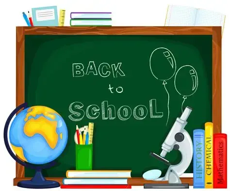 A colorful illustration featuring a chalkboard with the words 'BACK to School', a globe, a microscope, and various school books arranged neatly. The setting includes balloons and colorful stationery items.