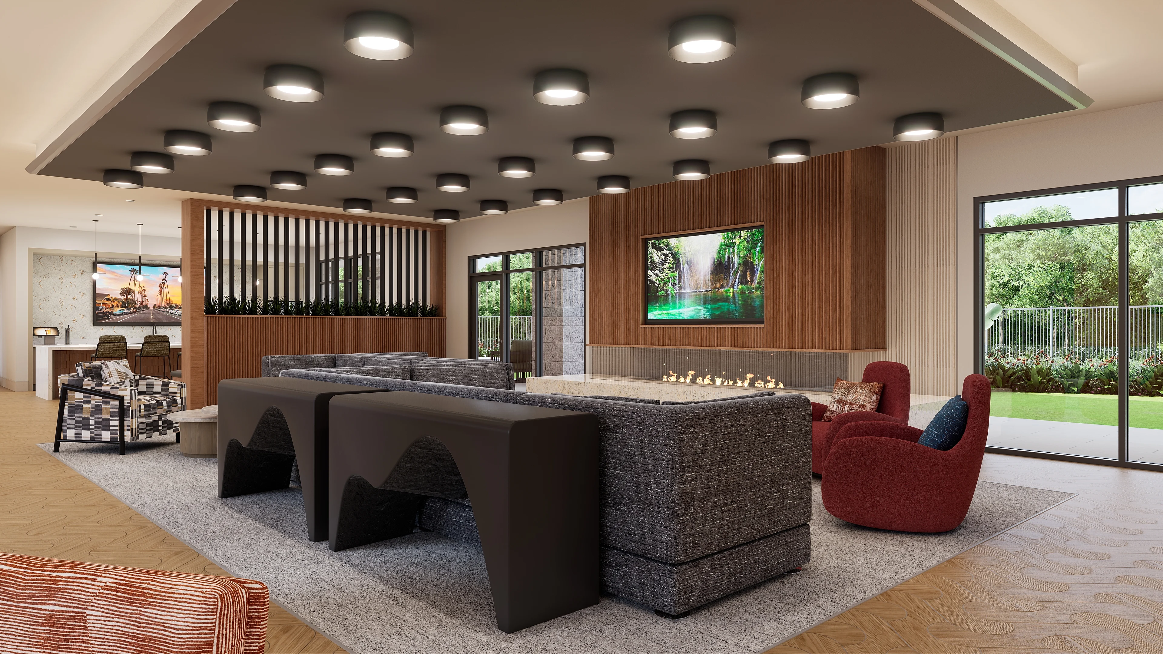 Modern Living Room Design A modern living room with a stylish seating area, featuring a large coffee table, contemporary furniture, and large windows that provide natural light. A wall-mounted television displays a serene nature scene.