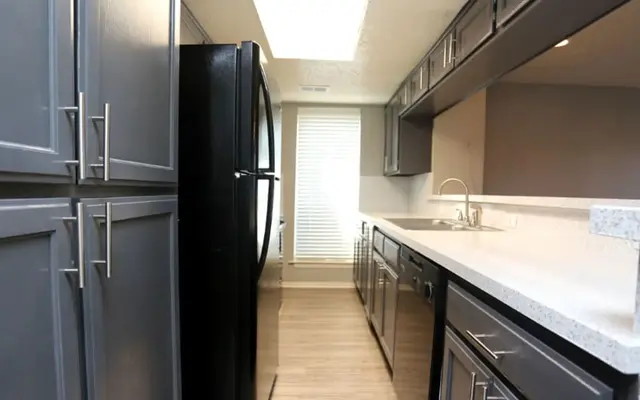 Narrow kitchen view showing black refrigerator, dark cabinets, and light countertops with a window letting in natural light.