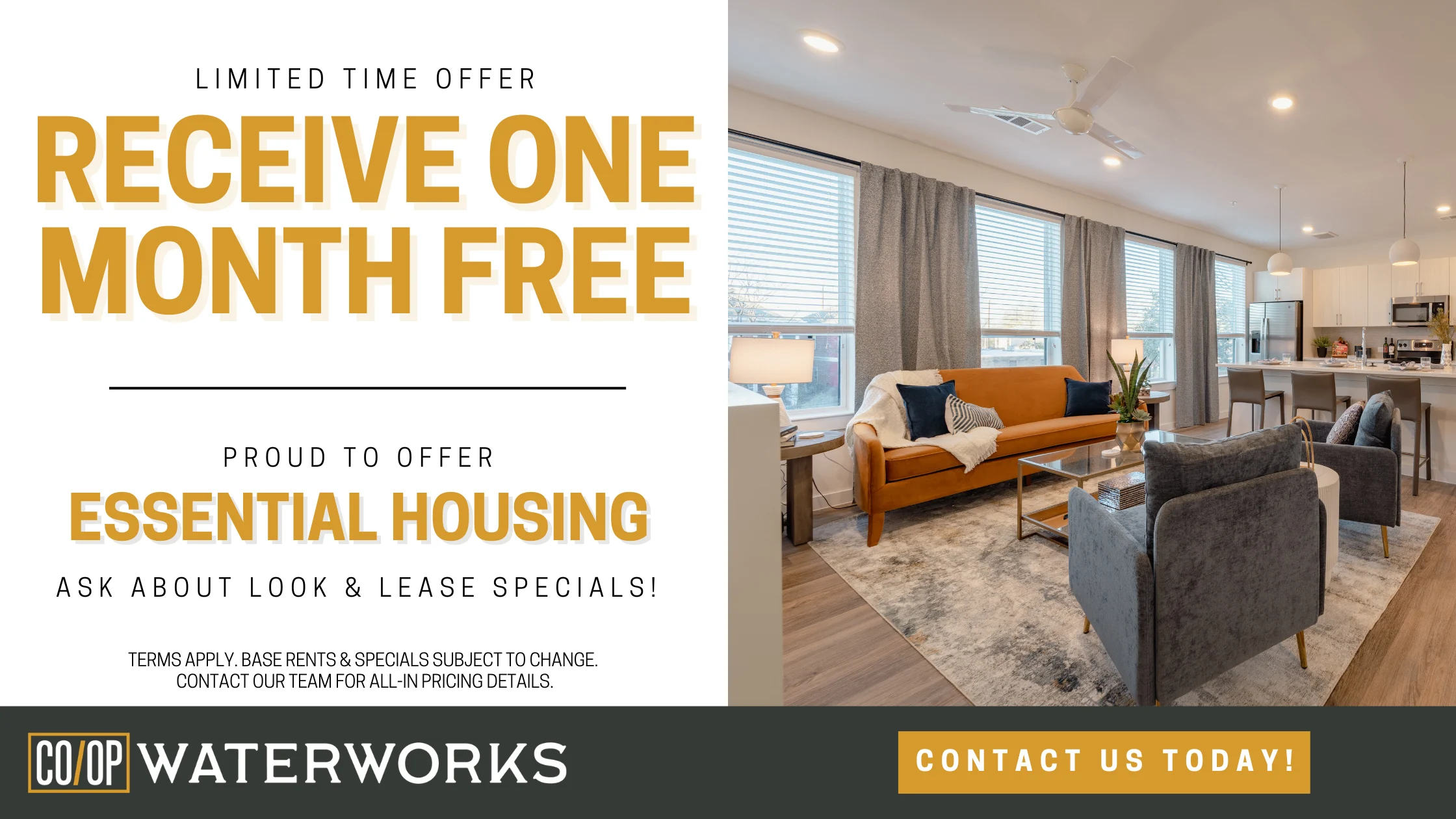 Promotional banner for Co-op Waterworks offering one month free rent and highlighting essential housing options.