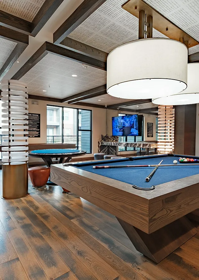 Modern Recreational Room Design Modern recreational room featuring a pool table, seating area, and large light fixtures.