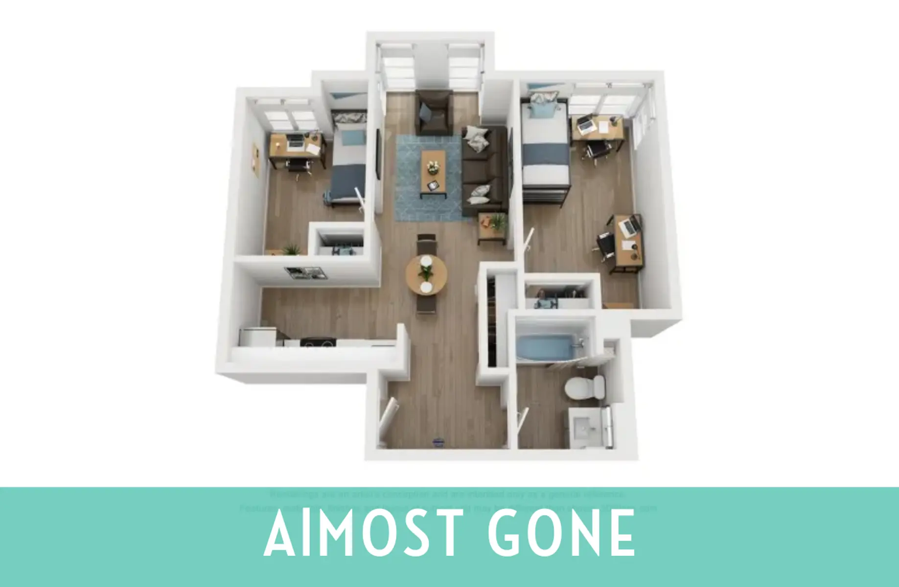 Aerial view of a modern apartment floor plan featuring multiple rooms including a living area, bedrooms, and a bathroom.