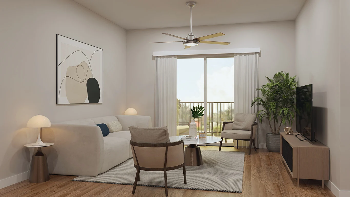 Modern Living Room Design A modern living room featuring a white sofa, wooden floors, and large windows with sheer curtains. The space is decorated with a piece of abstract art, a circular coffee table, and two upholstered chairs. A potted plant adds a touch of greenery, and there's a TV on a wooden console opposite the seating area.