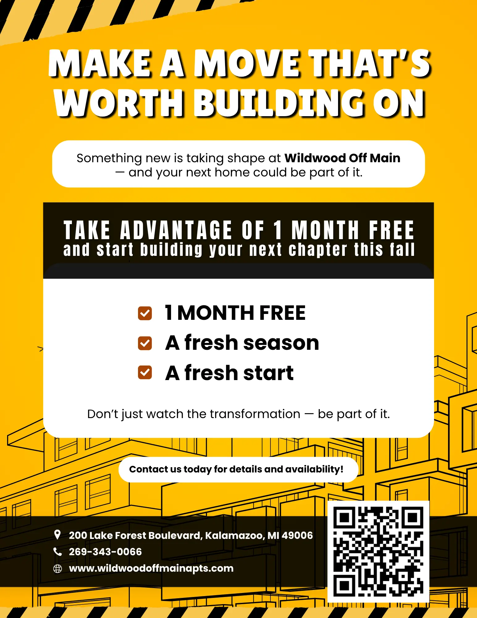 Promotional flyer for Wildwood Off Main offering a month of free rent.