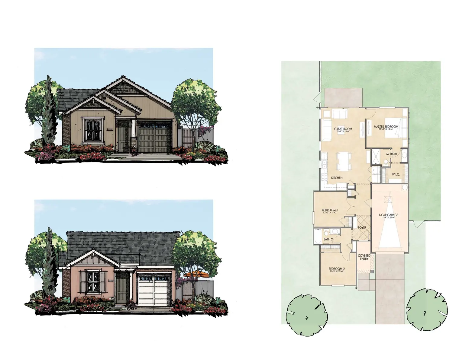 Two-Story House Design and Floor Plan Architectural rendering of a two-story house exterior along with its floor plan layout.