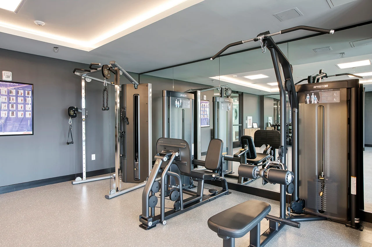 A modern gym interior featuring various workout machines and equipment, including multi-gym stations and free weights, with a sleek and minimalist design and mirrors on the wall.