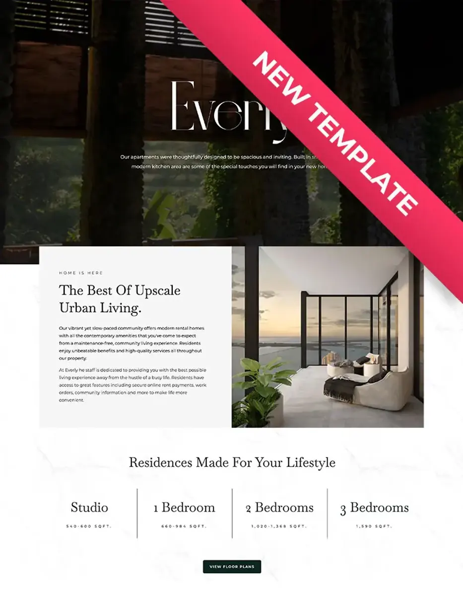Upscale Urban Living Template A webpage design showcasing upscale urban living with a modern aesthetic. It features a stylish living area with large windows and an inviting seating arrangement. The layout includes sections for different types of residences, such as studio, one-bedroom, two-bedroom, and three-bedroom options.