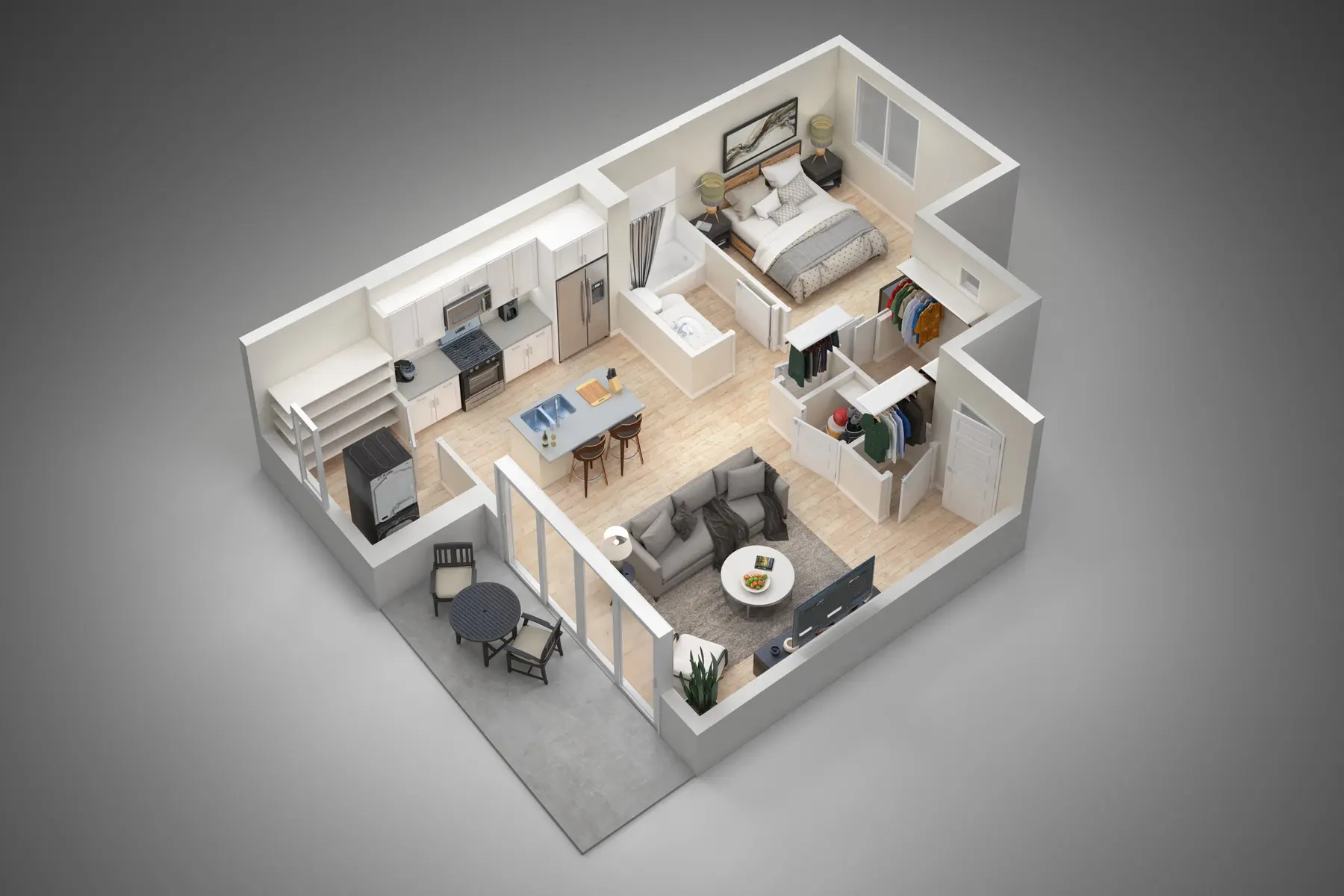 FINAL_Unit_1_Rev1.jpg A 3D floor plan of a modern one-bedroom apartment featuring a living area, kitchen, bedroom, and balcony.