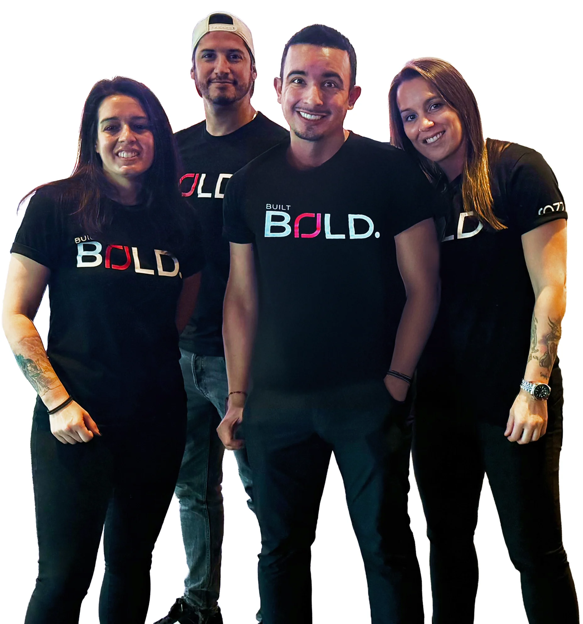 Group of Bold Individuals A group of four people wearing matching black t-shirts with 'Built Bold' printed on them. They are smiling and posing together in a friendly manner.