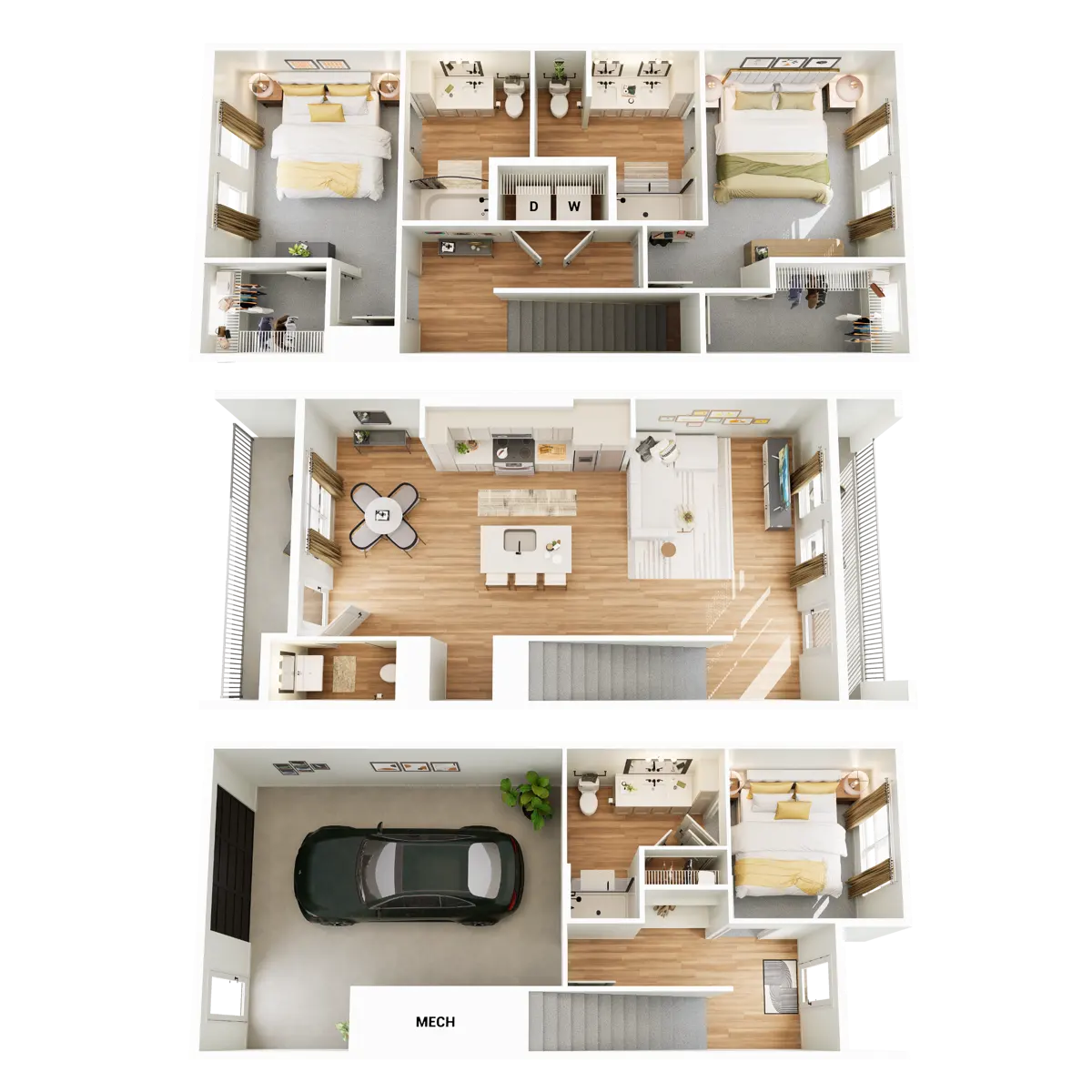 A three-level house floor plan showing various rooms including bedrooms, a living area, kitchen, and a garage.