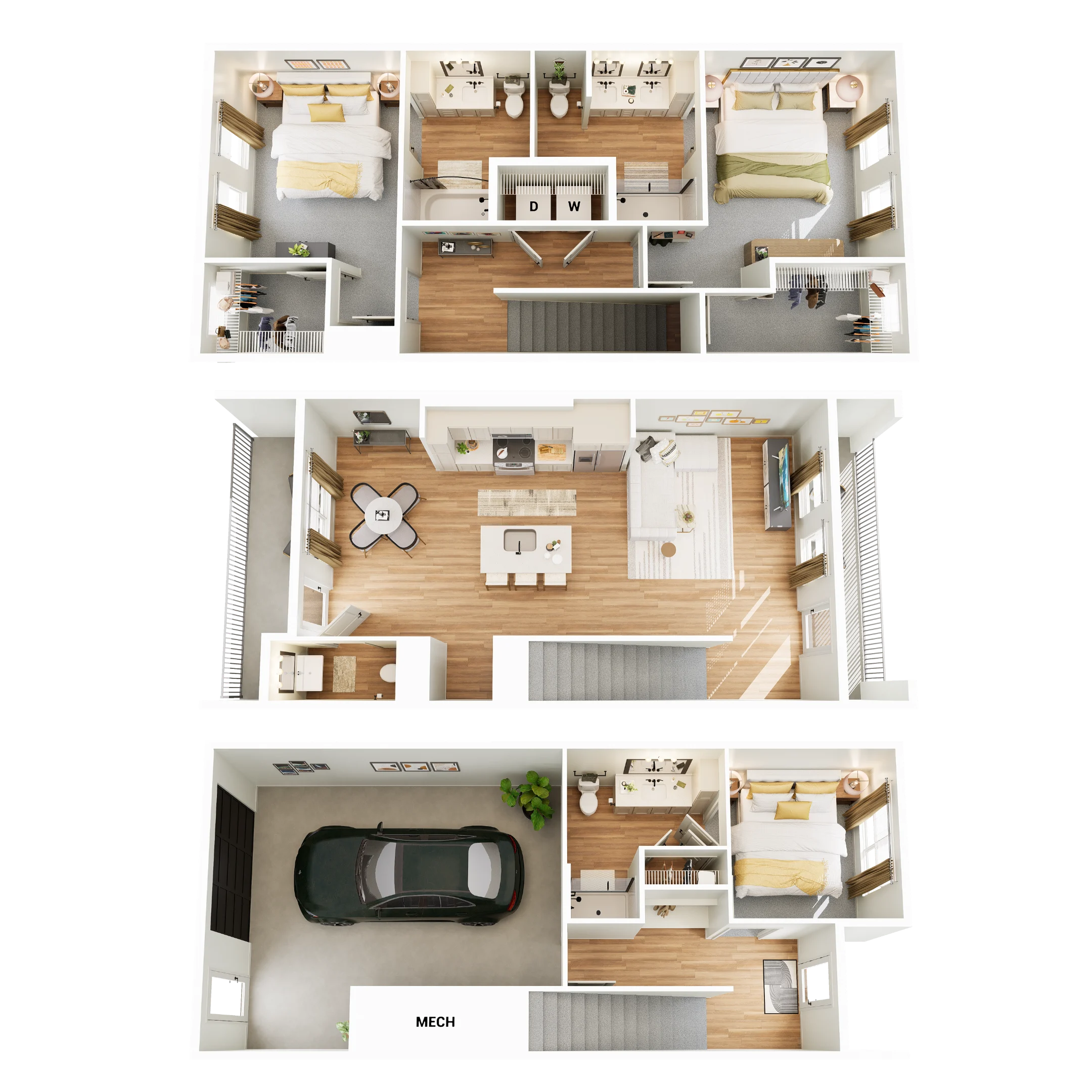 A three-level house floor plan showing various rooms including bedrooms, a living area, kitchen, and a garage.