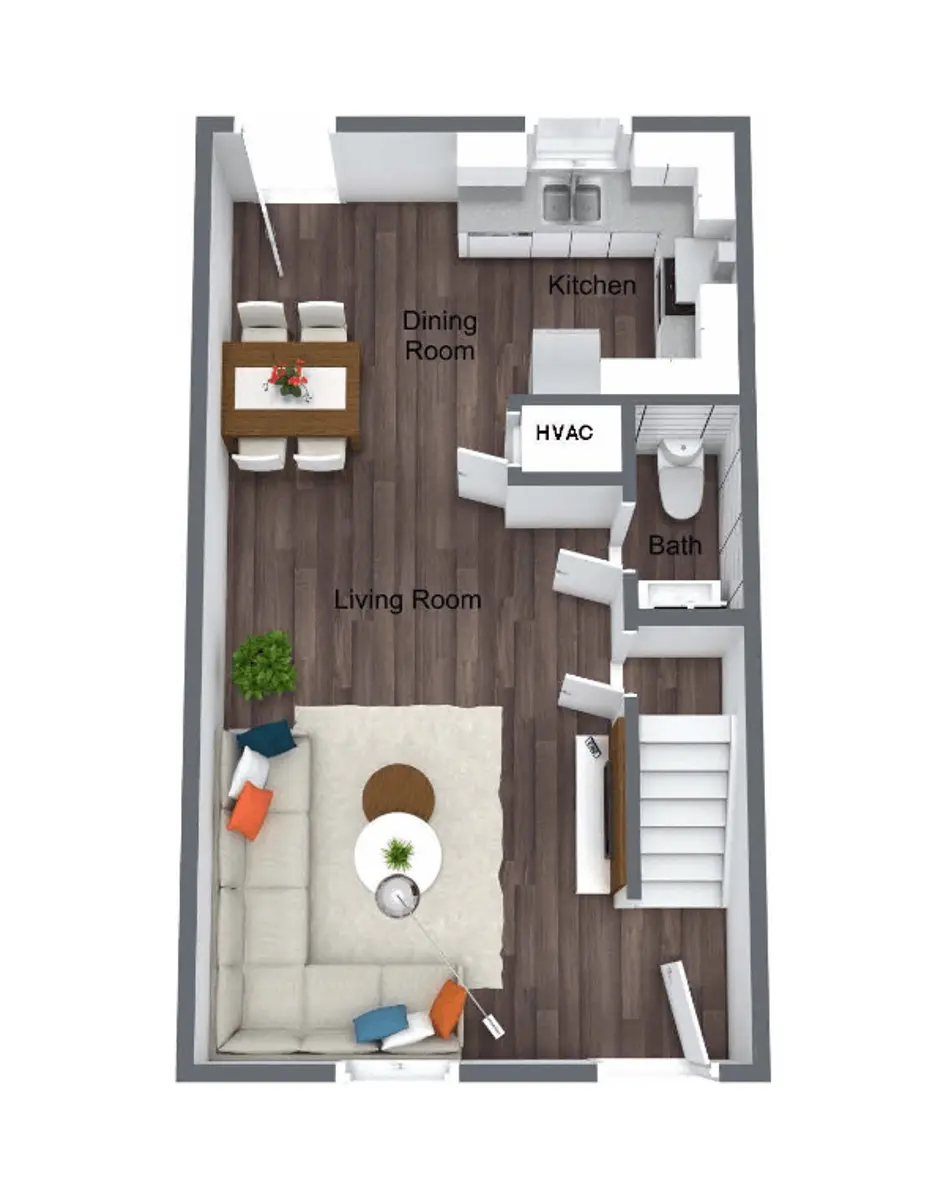 Apartment Floor Plan A 3D floor plan of an apartment featuring a living room, dining room, kitchen, bath, and HVAC system.