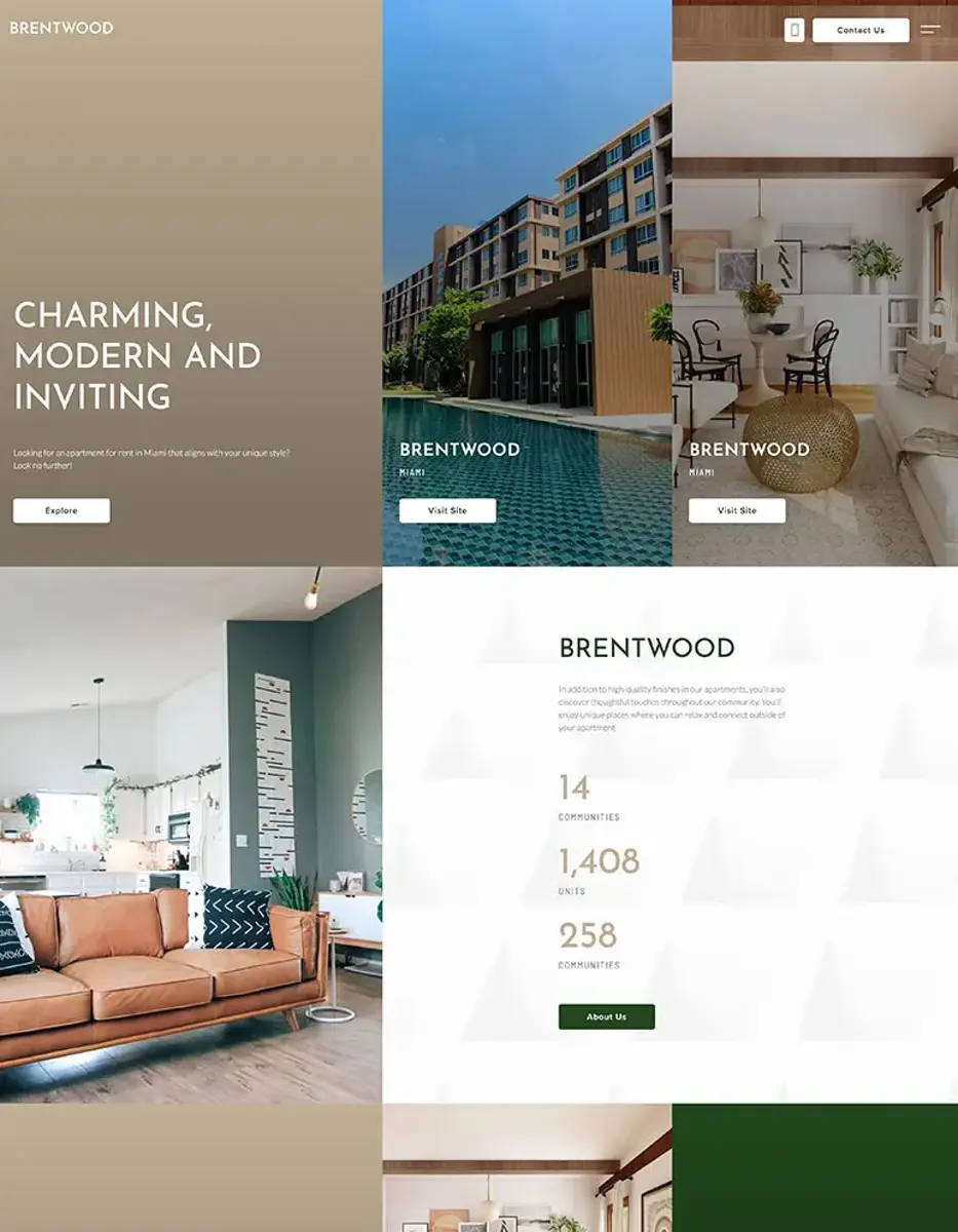 Brentwood Website Design A modern website layout for Brentwood featuring sections with images and text showcasing charm and elegance. The layout includes scenic views, interior designs, and relevant statistics.