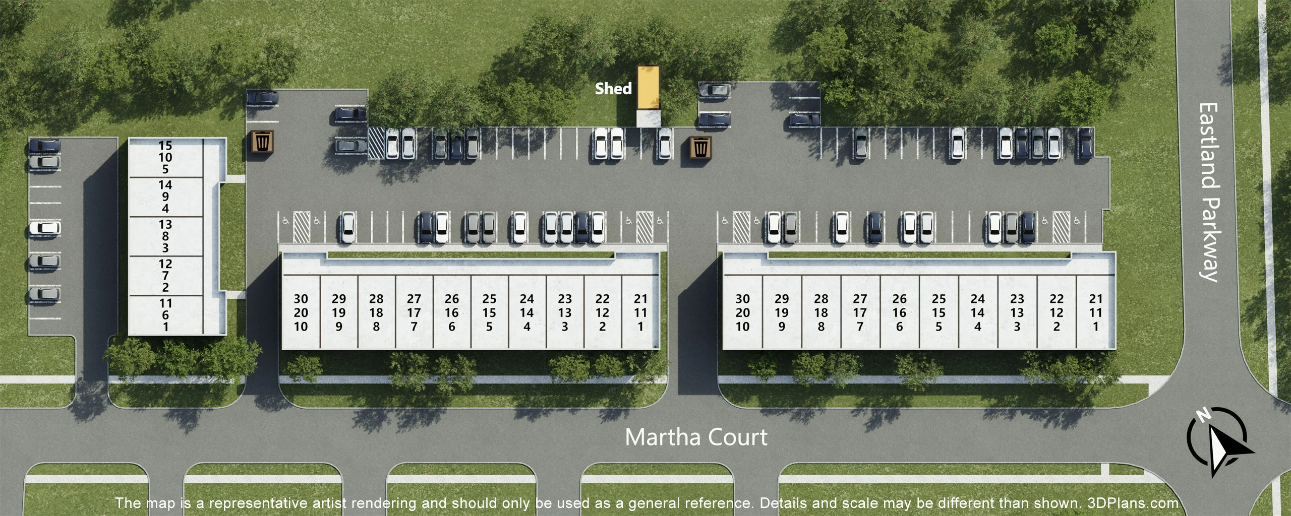 An overhead view of a parking layout featuring multiple parking spots, two rows of buildings with labeled units, and a storage shed. There are trees surrounding the area, and roads labeled 'Eastlind Parkway' and 'Martha Court.'