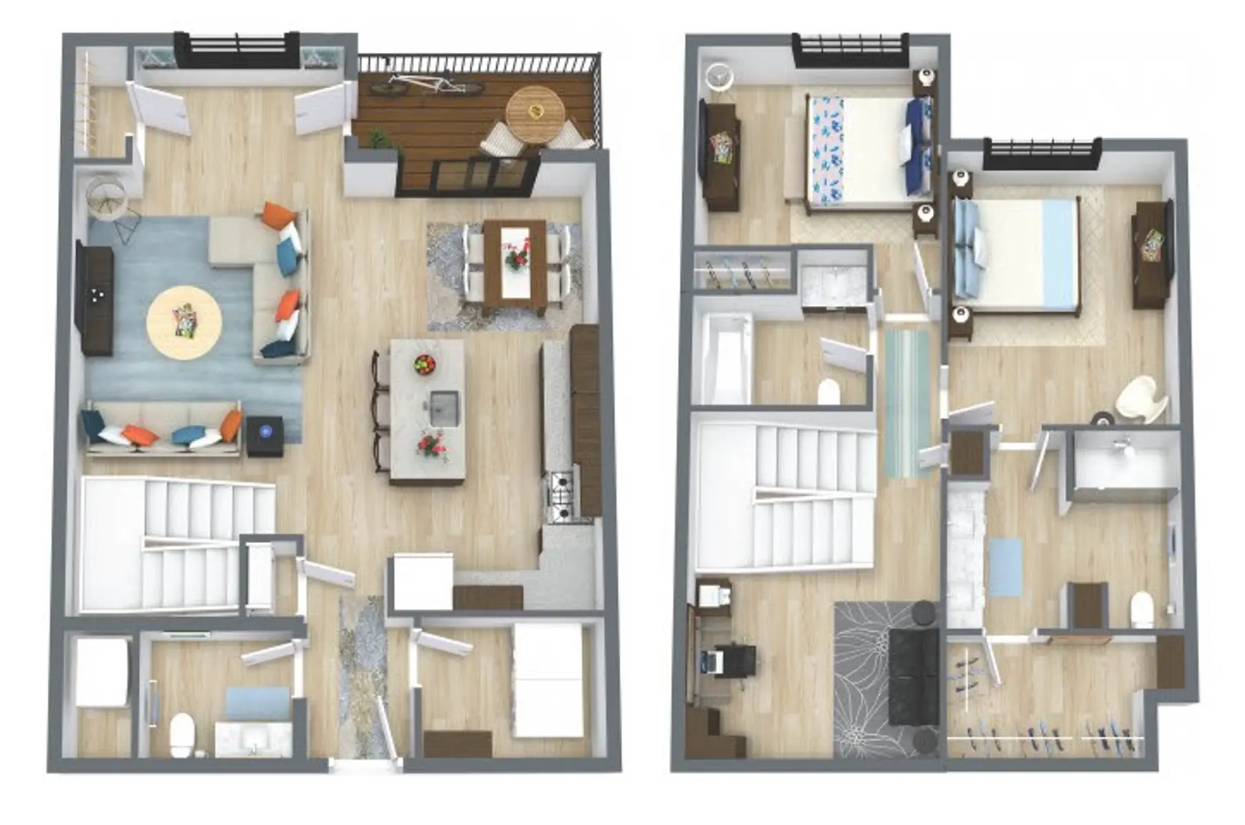 Two-Story Apartment Floor Plan Two-story floor plan of an apartment showcasing living and sleeping areas with furniture layout.