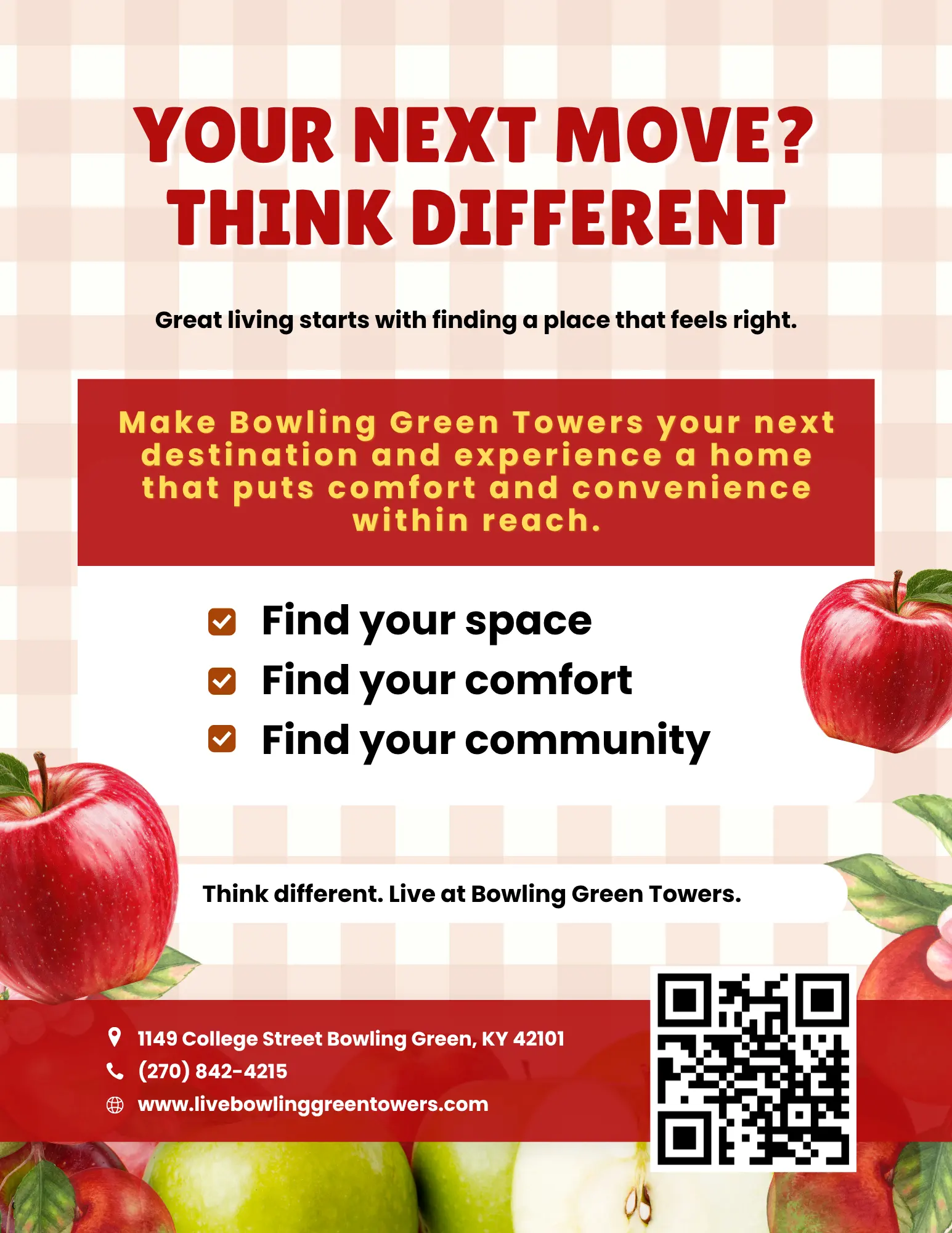 Bowling Green Towers - Your Next Home Promotional flyer for Bowling Green Towers featuring apples, information on finding space, comfort, and community.