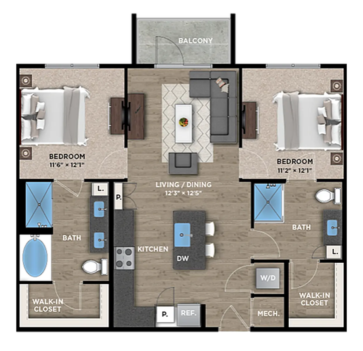 Two-Bedroom Apartment Floor Plan A detailed floor plan of a two-bedroom apartment featuring a balcony, living/dining area, kitchen, two bathrooms, and walk-in closets.