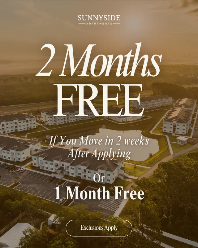 Promotional advertisement for Sunnyside Apartments offering two months free rent if moved in two weeks after applying or one month free. The background features an aerial view of the apartment complex.