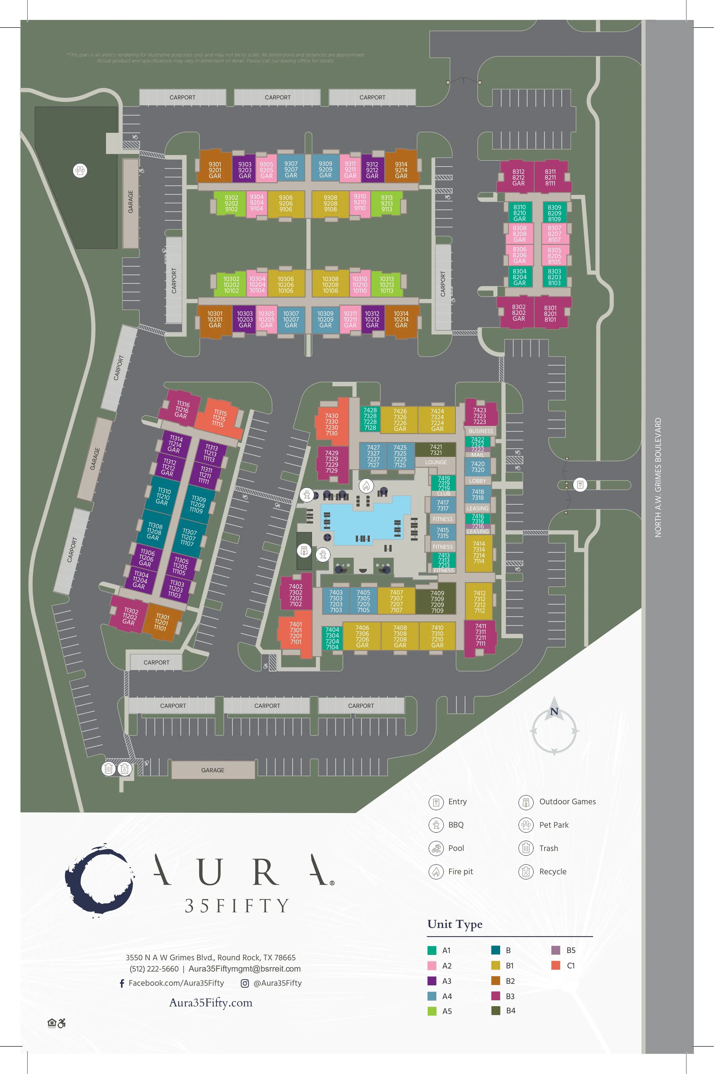 A detailed layout map of Aura 35Fifty, showcasing various unit types and outdoor amenities, with colored sections indicating different building types.