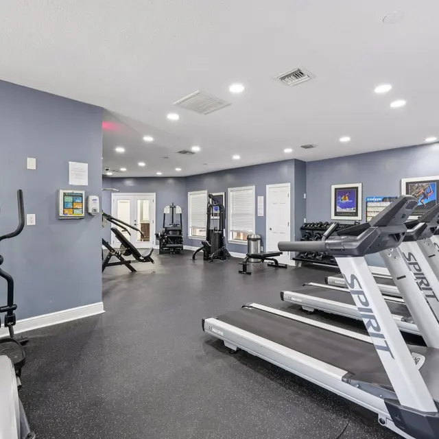 Interior view of a modern gym featuring treadmills, an elliptical machine, and weightlifting equipment.
