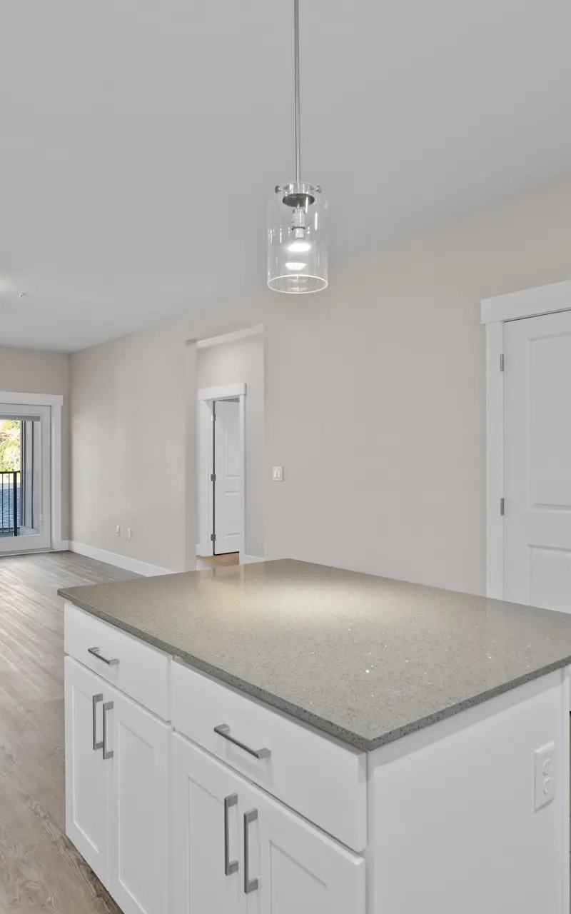Spacious kitchen with a central island, featuring a large countertop, built-in sink, and storage cabinets, providing a functional and stylish workspace