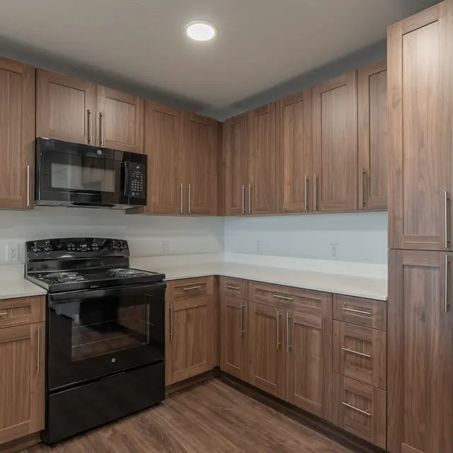 A modern kitchen featuring wooden cabinetry, a black stove, and a microwave built into the cabinets.