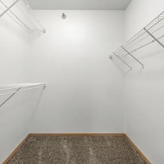 Eagle Ridge Empty walk-in closet with white walls, wire shelving units, and carpeted floor.