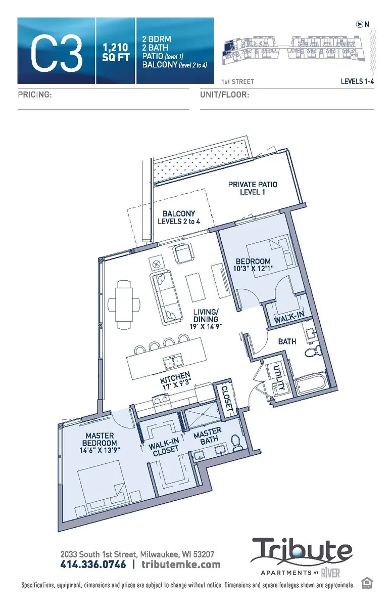 A detailed floor plan of a C3 apartment layout, featuring two bedrooms, two bathrooms, a living room, kitchen, and two balconies.