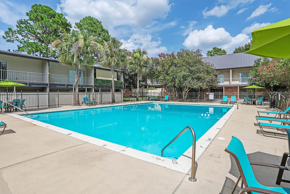 A bright and inviting swimming pool area surrounded by lounge chairs and palm trees, with blue skies above.