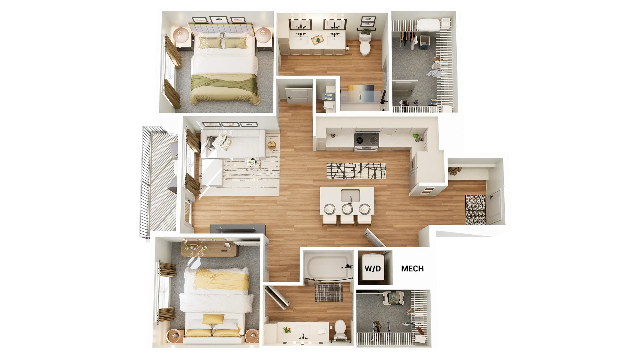 An overhead view of a modern apartment floor plan with multiple rooms.