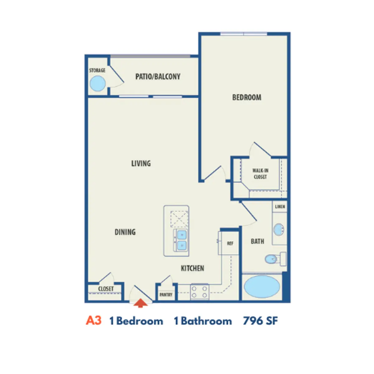 1 Bedroom 1 Bathroom Apartment Floor Plan A3 Floor plan of a one-bedroom apartment labeled A3, featuring a living area, dining area, kitchen, one bedroom with a walk-in closet, a bathroom, and a patio or balcony.