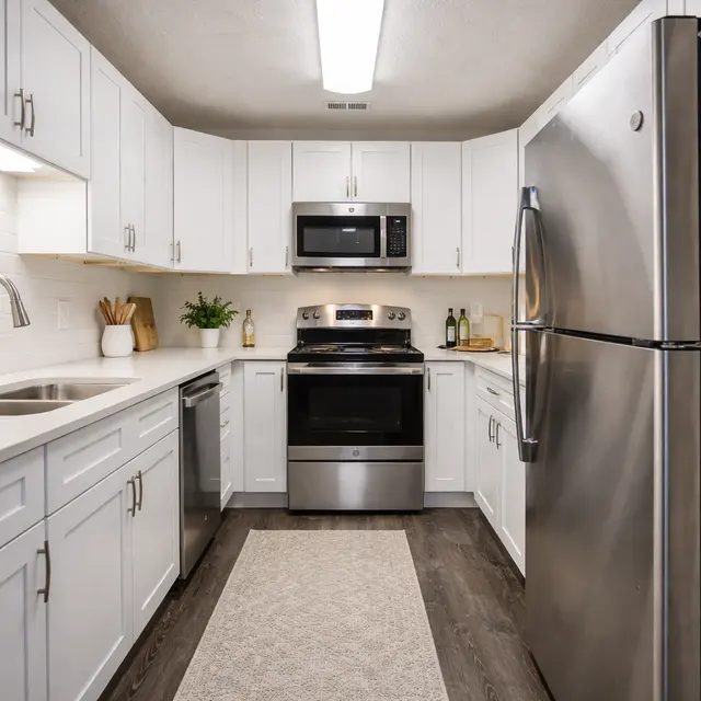 A modern kitchen featuring white cabinetry, stainless steel appliances, and a light-colored countertop. The setup includes a double sink, a refrigerator, and an oven with a microwave above. A textured rug is placed on the floor for comfort. There are decorative plants and kitchen utensils on display.