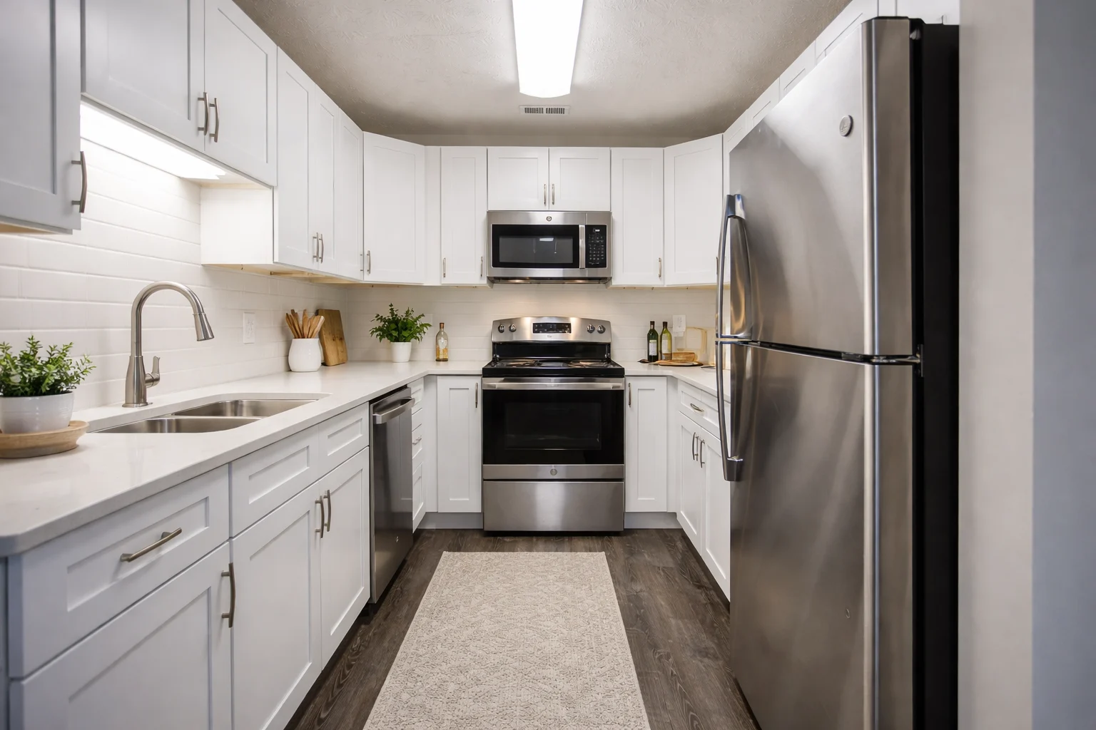 Modern Kitchen Design A modern kitchen featuring white cabinetry, stainless steel appliances, and a light-colored countertop. The setup includes a double sink, a refrigerator, and an oven with a microwave above. A textured rug is placed on the floor for comfort. There are decorative plants and kitchen utensils on display.