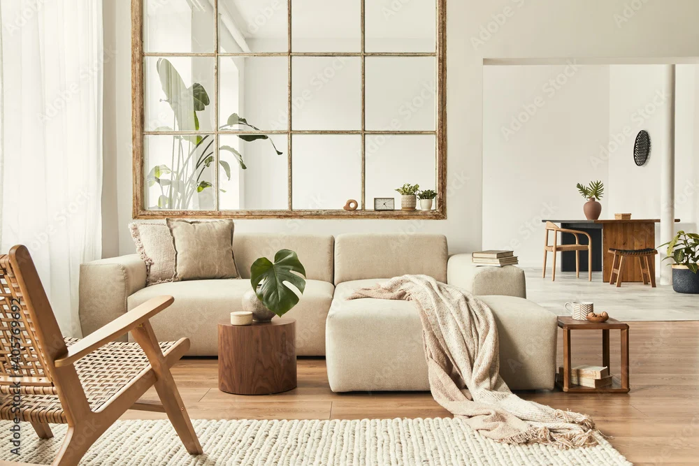 Stylish Modern Living Room A spacious modern living room featuring a light-colored sectional sofa, wooden furniture, and large windows with natural light streaming in.