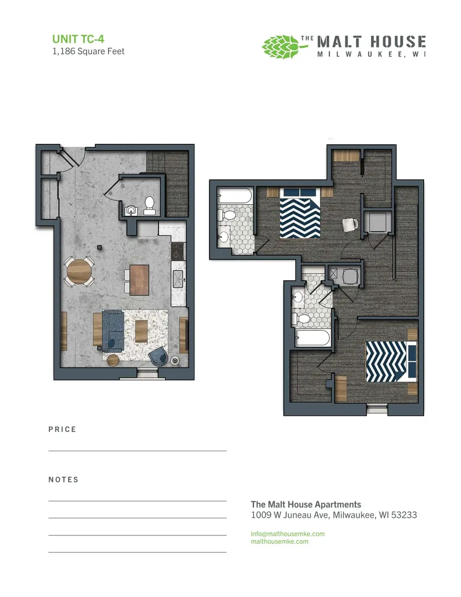 Unit TC-4 Floor Plan - The Malt House Apartments Floor plan for Unit TC-4 at The Malt House Apartments, featuring two sections with living areas, bedrooms, and bathrooms.