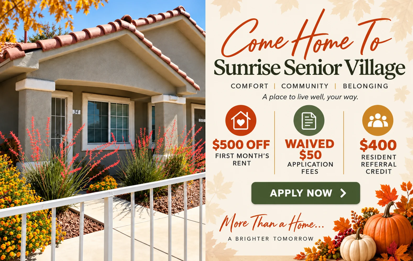 Welcome to Sunrise Senior Village Promotional image for Sunrise Senior Village featuring a residential building and an offer for seniors.
