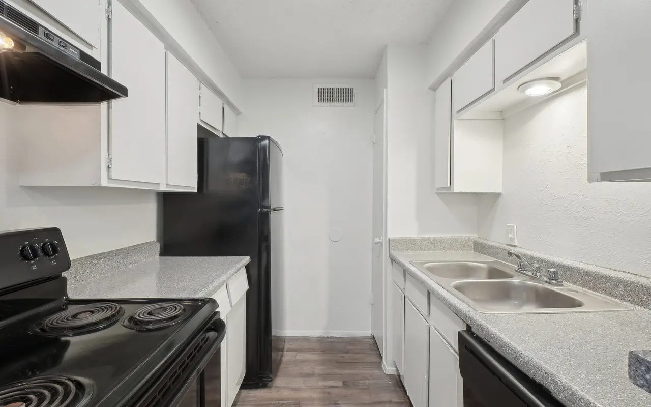 A modern kitchen featuring a black stove, black refrigerator, and dual stainless steel sinks with a light-colored countertop and white cabinets.