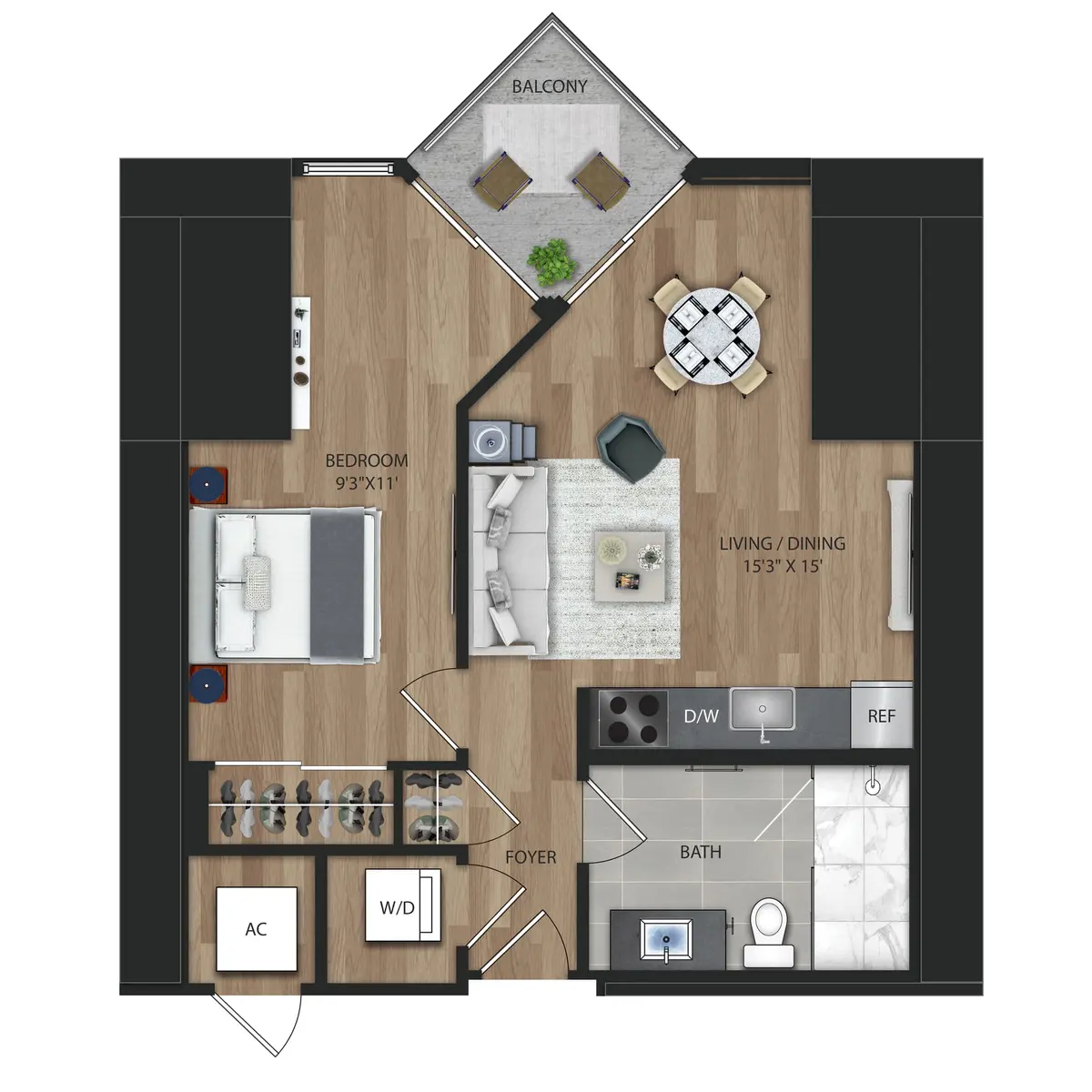 A floor plan of a one-bedroom apartment featuring a bedroom, living/dining area, bathroom, and balcony.