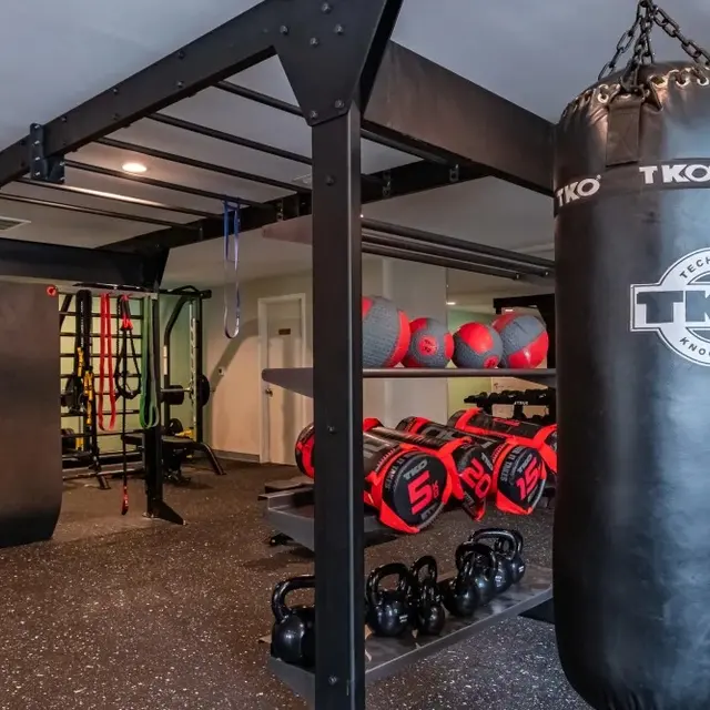 A well-equipped home gym featuring various weights, a punching bag, and exercise equipment.