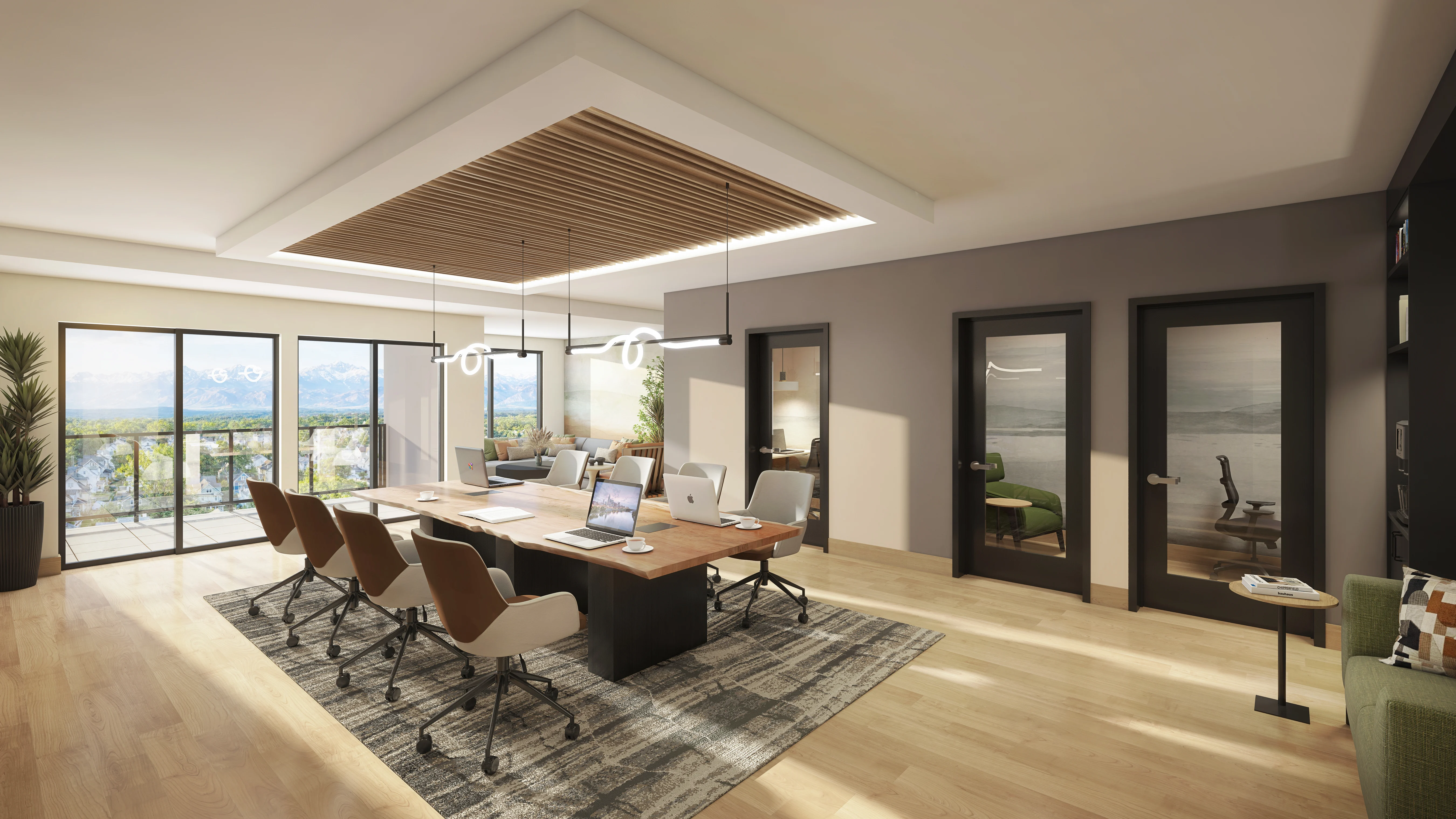 Modern Office Space Interior A modern office interior featuring a large table with multiple chairs, situated near expansive windows with a view of the outdoors. The decor includes potted plants and stylish lighting fixtures, creating a contemporary and professional atmosphere.
