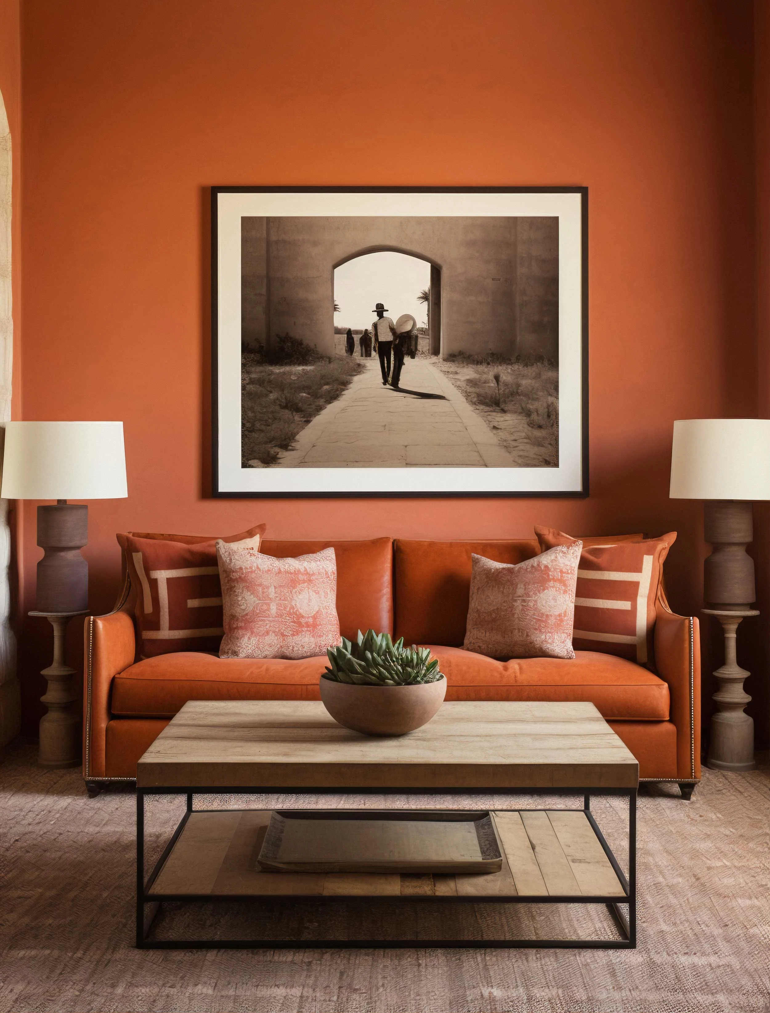 A stylish living room featuring an orange wall, an orange sofa adorned with decorative pillows, two white lamps on either side, and a rustic wooden coffee table with a potted plant.