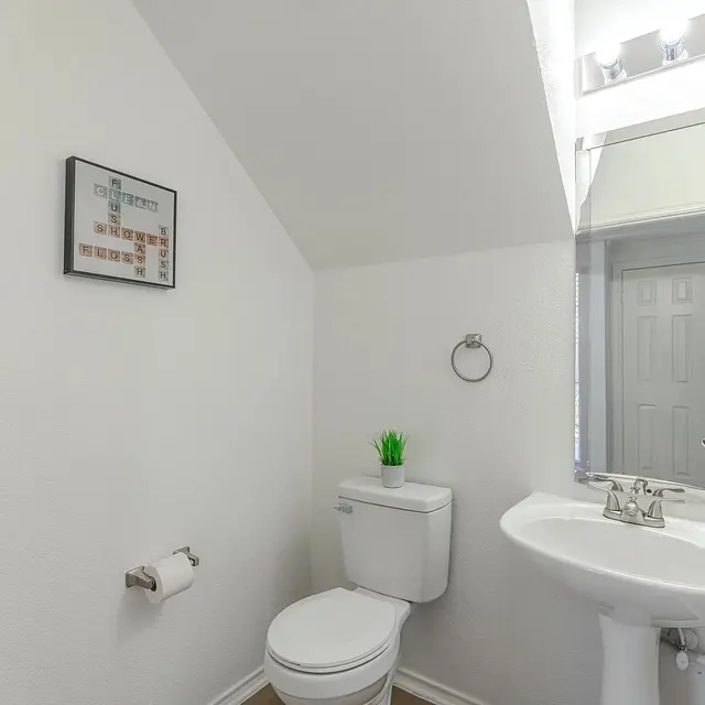 A small bathroom featuring a toilet, sink, and mirror. The walls are painted white, and a small piece of wall art is displayed. A green plant adds a touch of color.