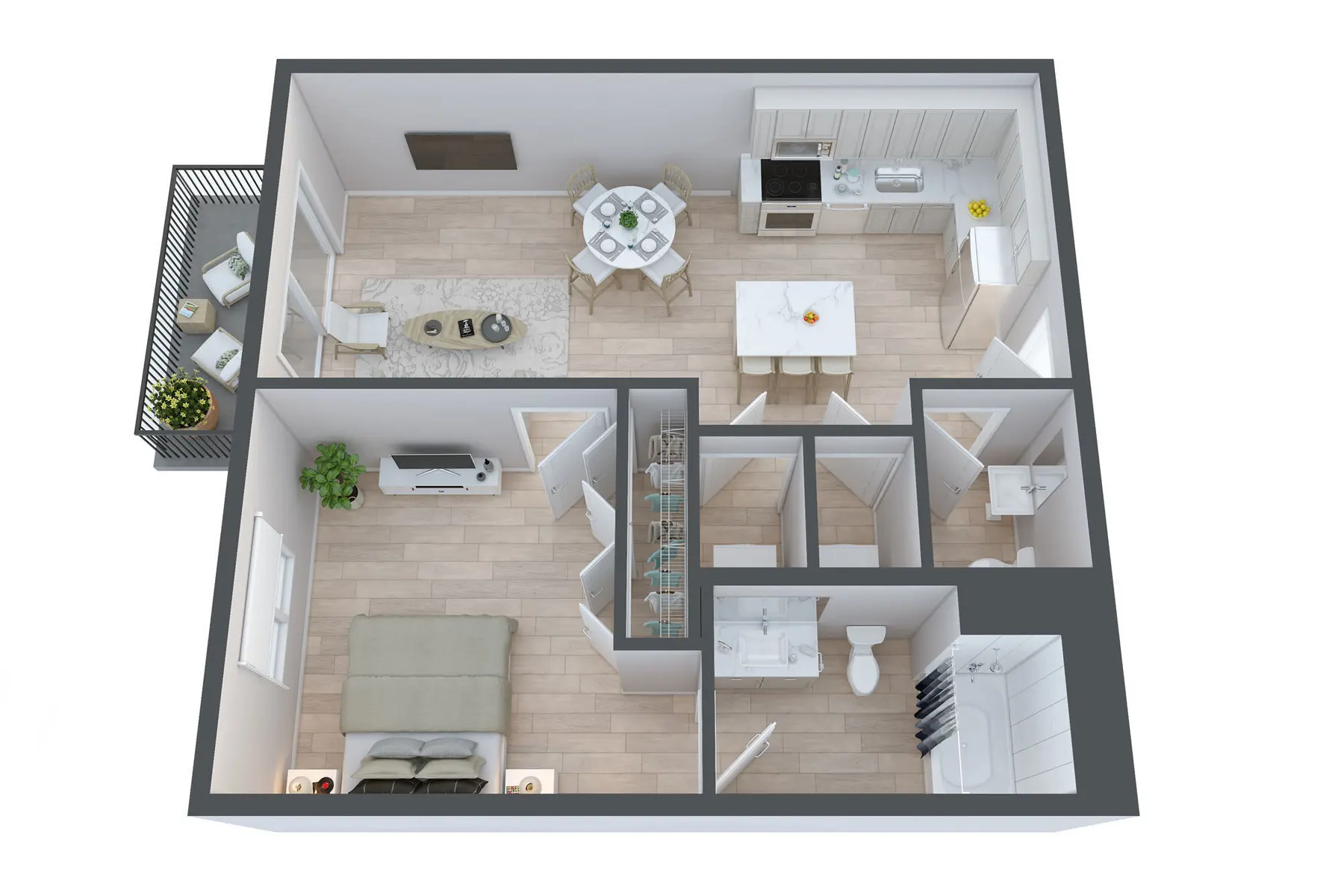 Modern Apartment Layout An aerial view of a modern apartment layout featuring a living area, kitchen, dining area, bathroom, and bedroom with adjoining spaces.