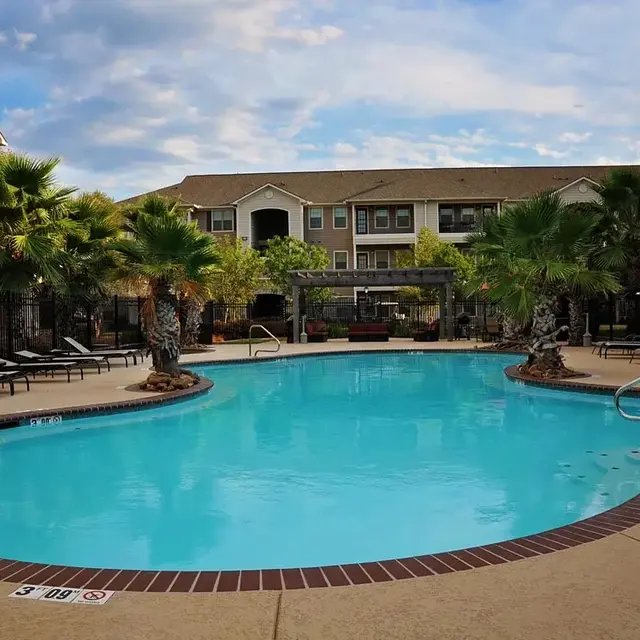 A well-maintained swimming pool area surrounded by palm trees and lounge chairs, with residential buildings in the background.